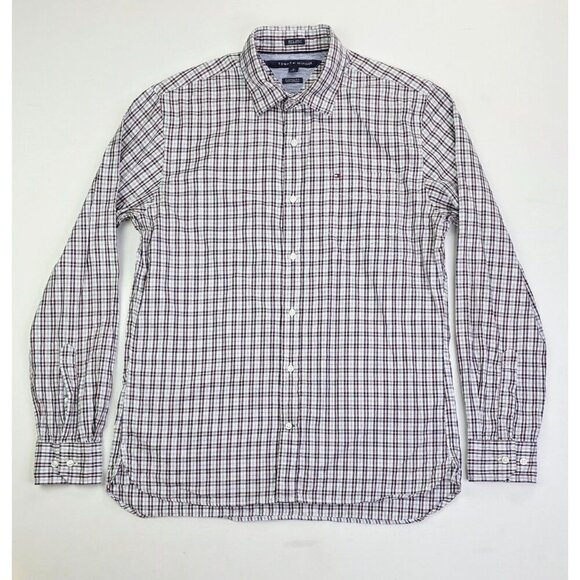 Tommy Hilfiger Custom Fit Medium Mens White Blue Burgundy Check Logo Long Sleeve - Picture 5 of 11